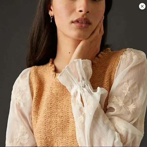 Anthropologie Layered Sweater Vest Blouse Tan White Sheer Floral Women's Medium - Picture 4 of 16